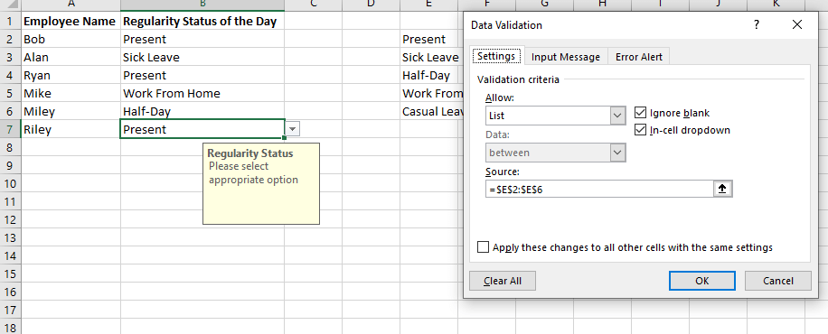 مثال على إنشاء قائمة منسدلة في Excel