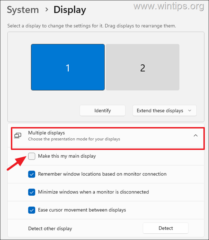 Kako postaviti dva monitora - Postavite glavni monitor na Windows 11