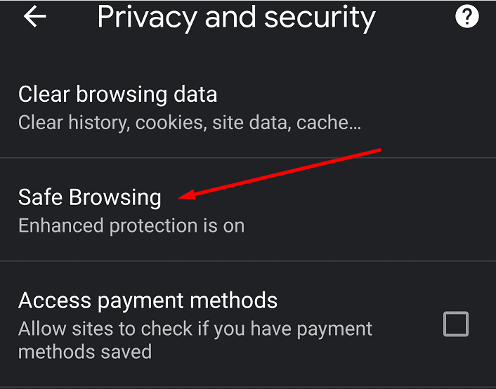 Chrome saugus naršymas Android