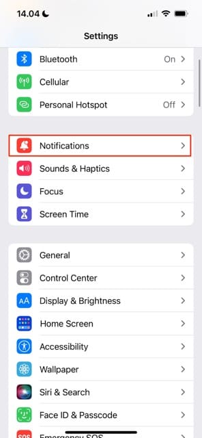 Captura de tela das configurações do iOS da guia Notificações