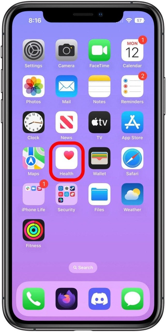 Tela inicial com o ícone do app Saúde marcado.