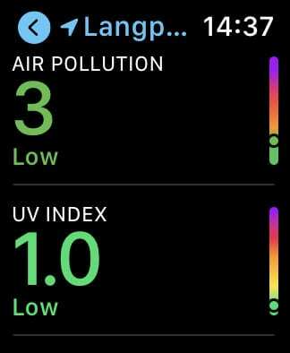 ऐप्पल वॉच पर ऐप्पल वेदर एयर क्वालिटी।