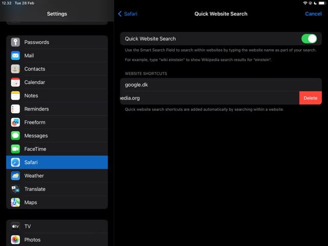 ภาพหน้าจอแสดงวิธีการลบเว็บไซต์ใน Quick Website Search สำหรับ Safari บน iPad