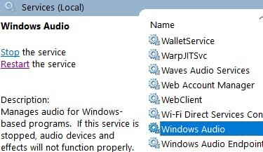 Fare clic con il tasto destro del mouse sul servizio Windows Audio e scegliere Proprietà