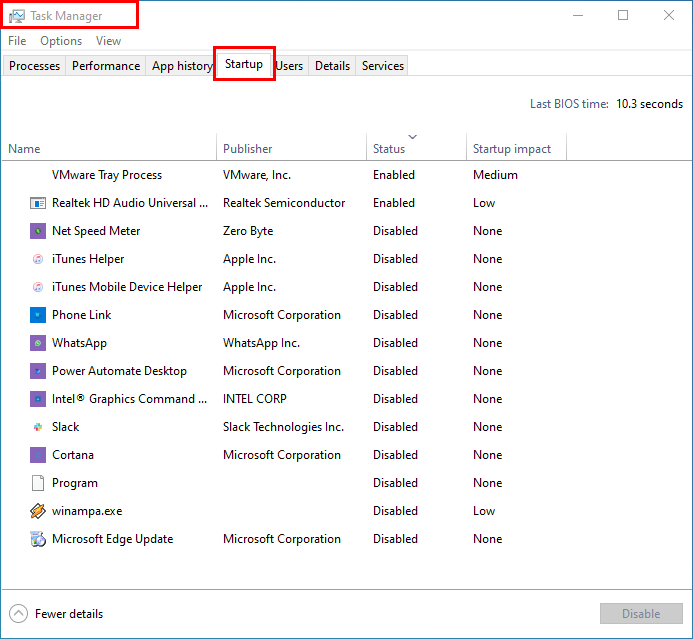 Gestionnaire des tâches Windows 10 affichant les applications de démarrage