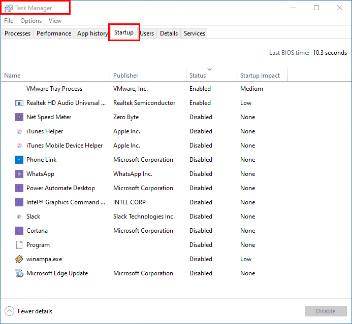 Windows 10 Task Manager menampilkan aplikasi Startup