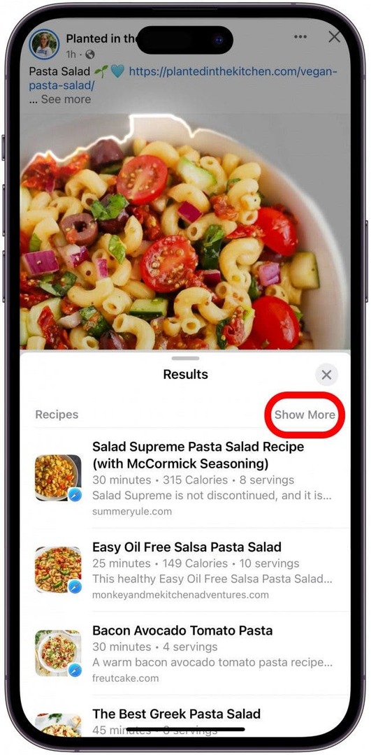 Ще видите списък с рецепти. Докоснете Покажи още, за да видите повече опции.