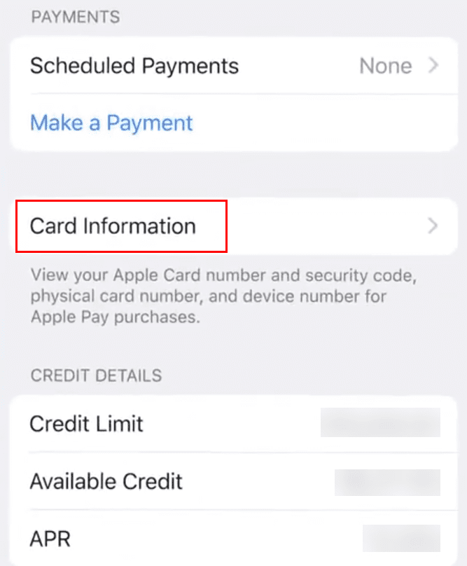 Достигане до менюто с информация за картата за Apple Card