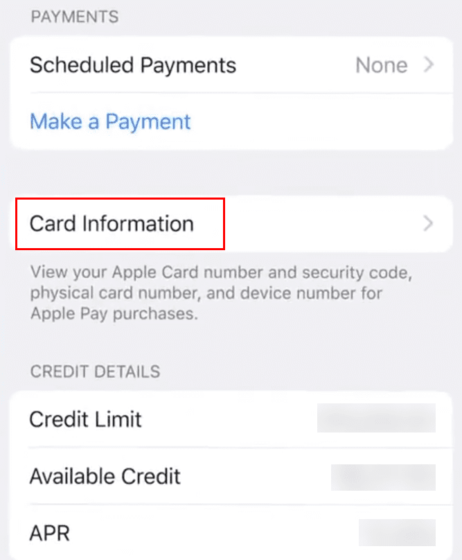 Apple Card-ის ბარათის ინფორმაციის მენიუში გადასვლა