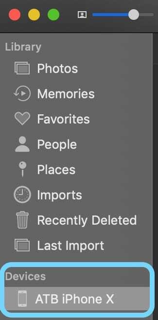 Selecteer handmatig uw apparaat in de linkerzijbalk in de Foto's-app voor Mac