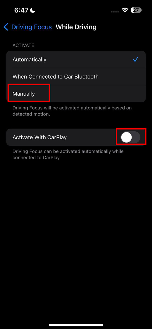 השבת את CarPlay והפעל פוקוס נהיגה ידני