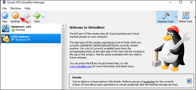 Ustawienia VirtualBox