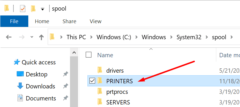 folder printer spool windows 10