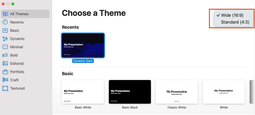 Ekraanipilt, mis näitab Keynote'i suuruse valikuid