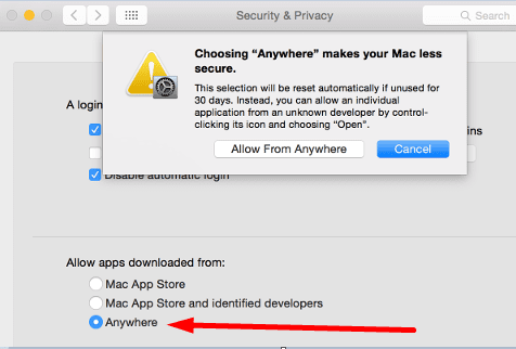 อนุญาตแอพที่ดาวน์โหลดจากทุกที่ mac