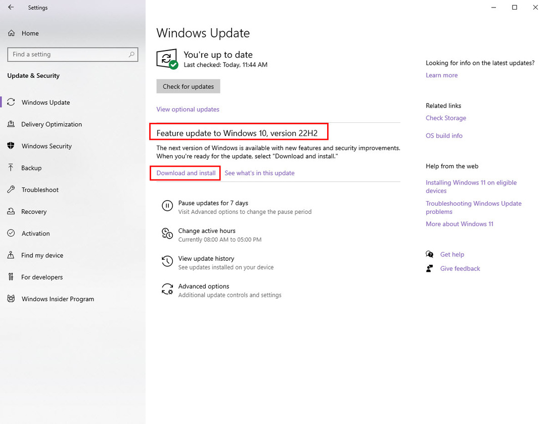 Kaip atnaujinti į „Windows 10 22H2“ pasibaigus „Windows 10 21H2“ eksploatavimo laikui