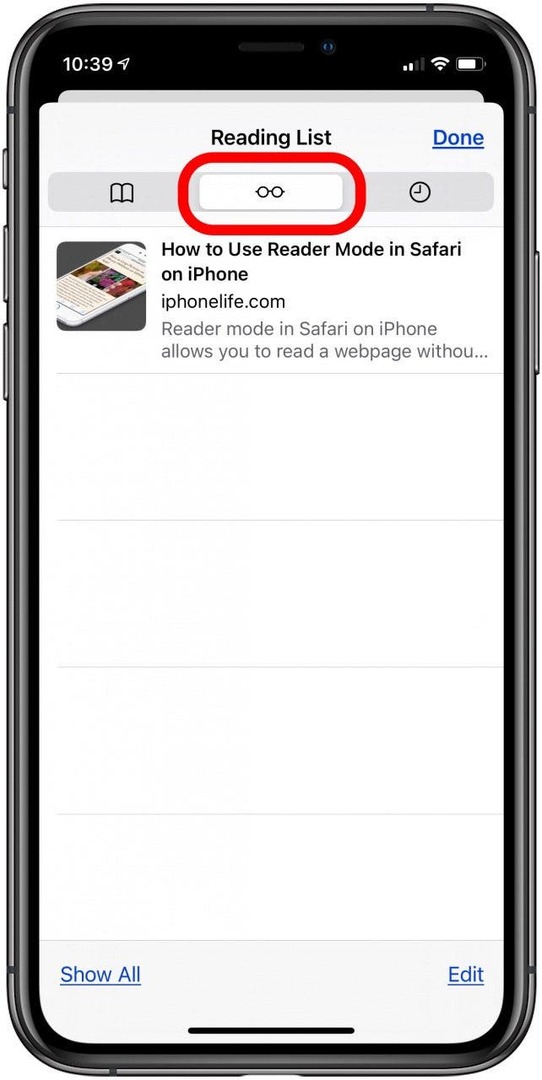 dotknij ikony okularów, aby otworzyć listę czytania safari