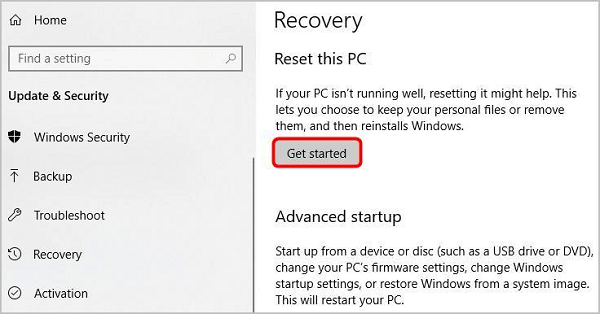 Pritisnite Get Started iz segmenta Reset This PC