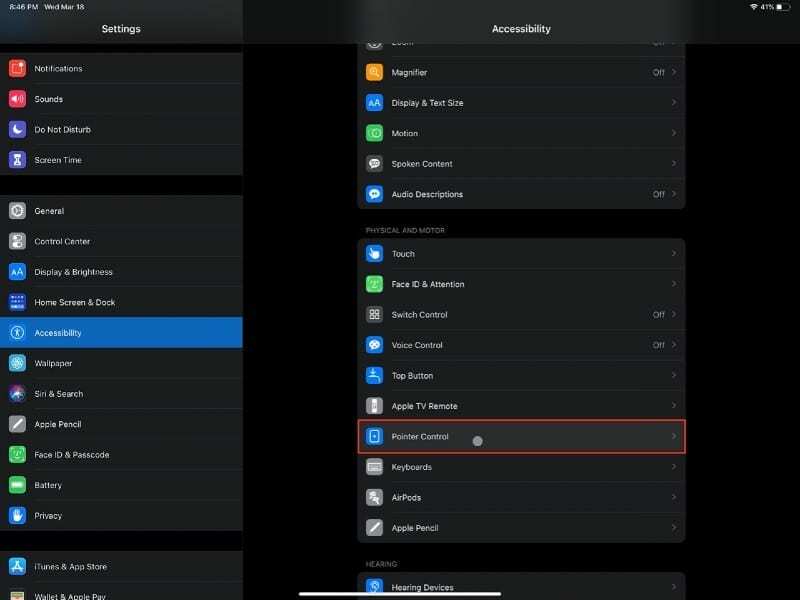 Otevřete Pointer Control iPadOS