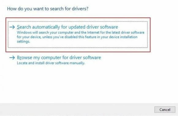 Klikk på Søk automatisk etter oppdatert driverprogramvare