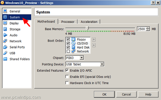 Paramètres de la machine virtuelle VirtualBox