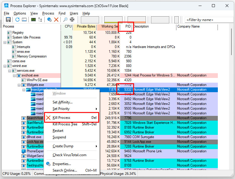 Използвайте Process Explorer, за да убиете процес на порт