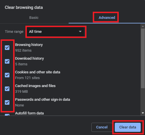 Pilih semua data penjelajahan