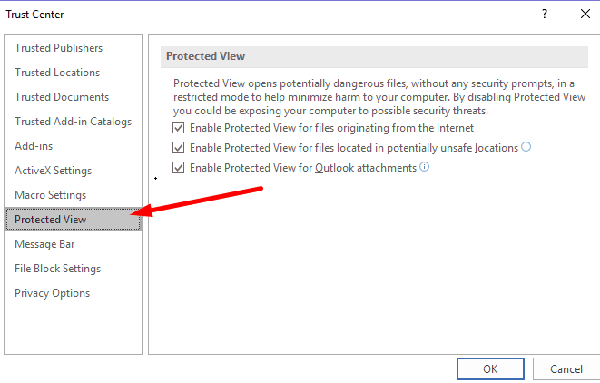 ustawienia chronionego widoku w programie Excel