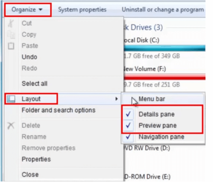 Depuis la mise en page, la barre de menu clique sur le volet de prévisualisation