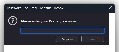 Firefox のプライマリ パスワードの入力ウィンドウ