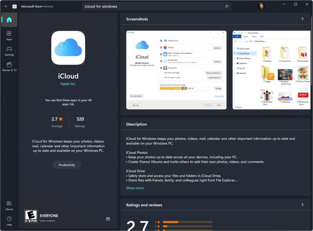 iCloud for Windows -sovellusluettelo