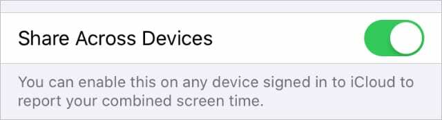 Opțiunea Partajare pe toate dispozitivele din setările iPhone Screen Time