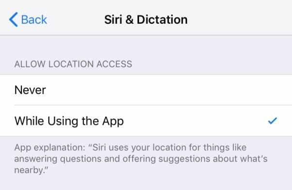 tillad Siri & Dictation Location Access iOS