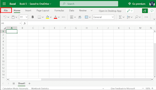 בחר באפשרות קובץ ביישום האינטרנט של Excel שלך