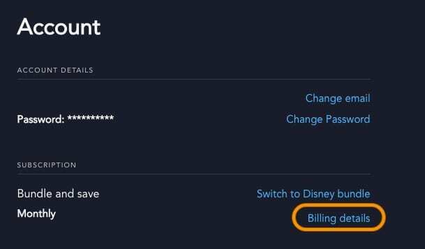 Disney 웹사이트의 Disney+ 청구 세부정보
