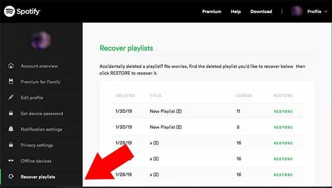 Spotify iPhone Atgūstiet izdzēstos atskaņošanas sarakstus