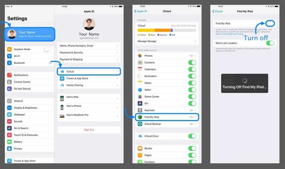 Išjunkite „Find My iPad“.