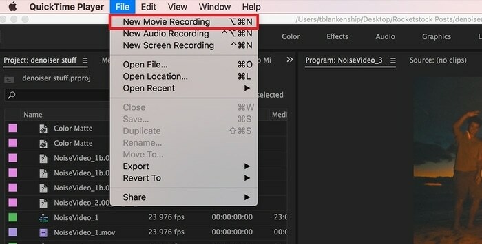 Odaberite novu opciju snimanja filma na kartici Datoteka u Quick Time Playeru na Macu
