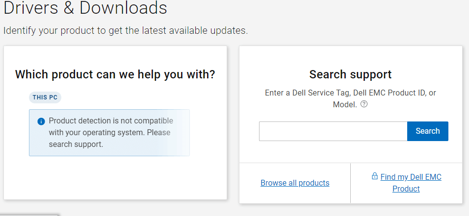 Saisissez le numéro de service Dell, l'ID de produit EMC, le numéro de modèle dans la zone de recherche