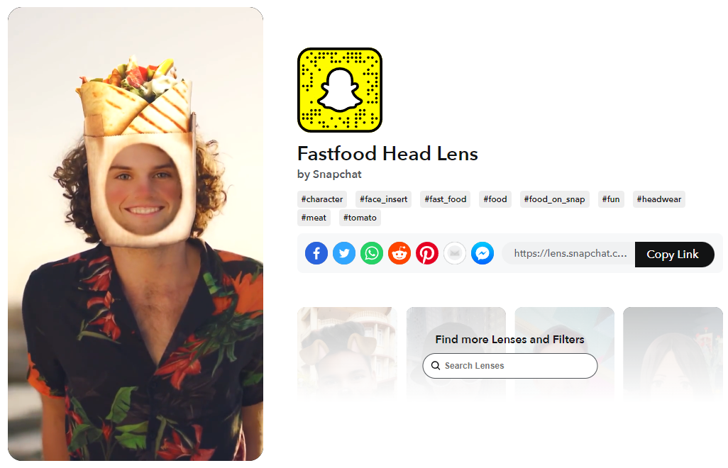 Lentes para Snapchat con lente de cabeza de comida rápida