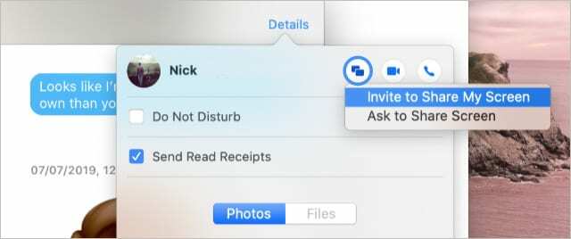 Butonul de partajare a ecranului din iMessage în macOS