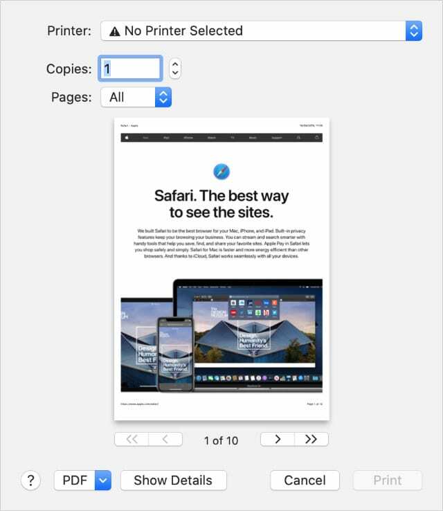 Меню друку з веб-сайту Safari на Mac
