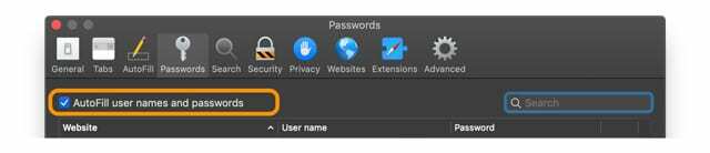 case à cocher de saisie automatique des noms d'utilisateur et des mots de passe sur Safari de Mac