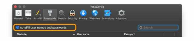 მომხმარებლის სახელების და პაროლების ავტომატური შევსების ველი Mac-ის Safari-ზე