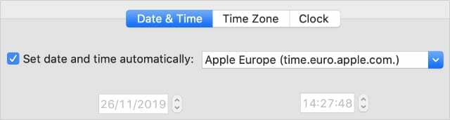Автоматическая установка даты и времени в системных настройках Mac