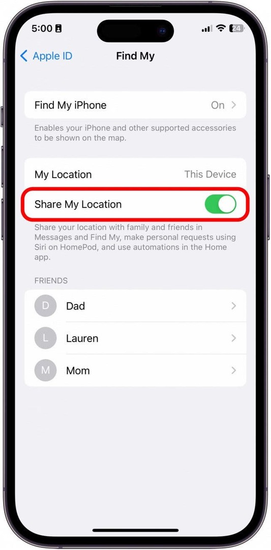 Увімкніть параметр «Поділитися моїм місцезнаходженням». Коли ввімкнено, він буде зеленим.