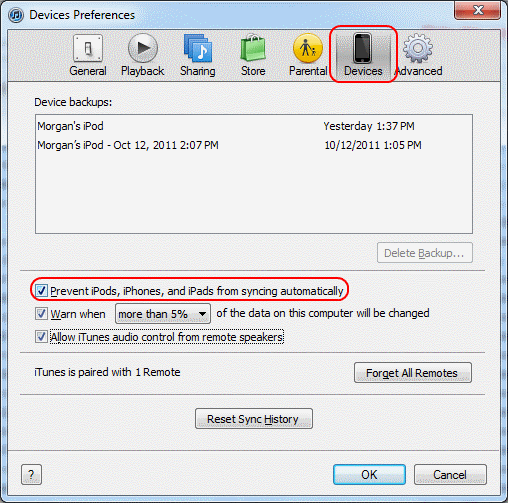 डिवाइस को iTunes में सिंक होने से रोकें