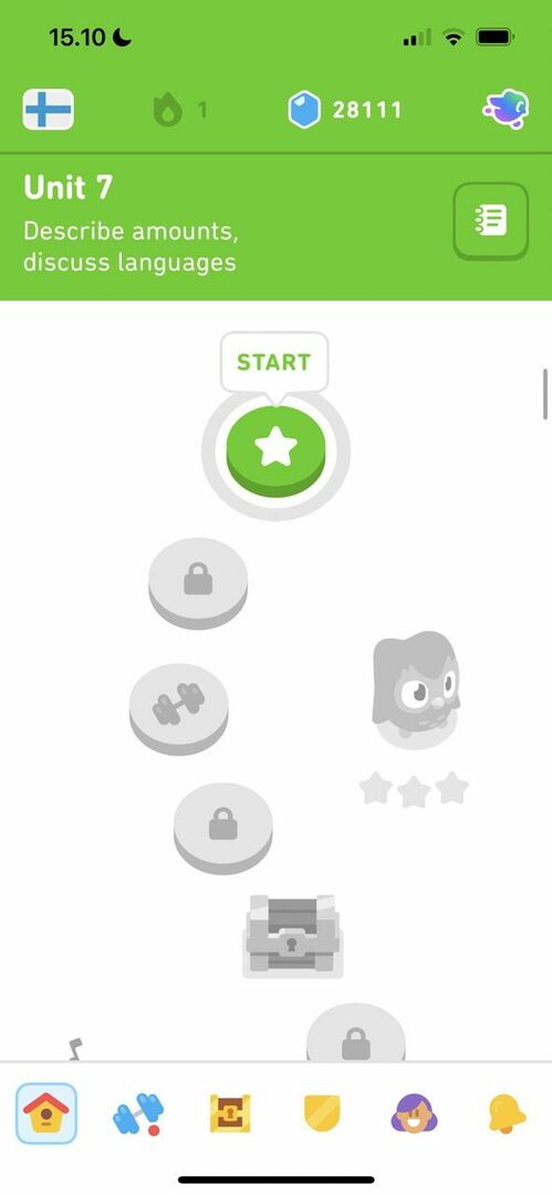 Skjermbilde som viser den nye banen i Duolingo