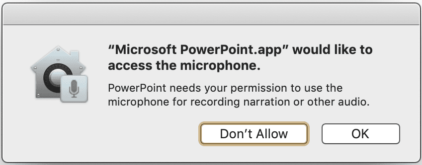 microsoft powerpoint-ს სურს წვდომა მიკროფონზე Macbook