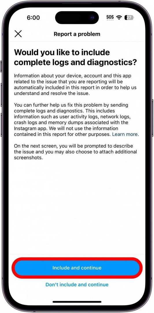 Instagram apima diagnostikos ekraną su įtraukimo ir tęsimo mygtuku, apjuostu i nred